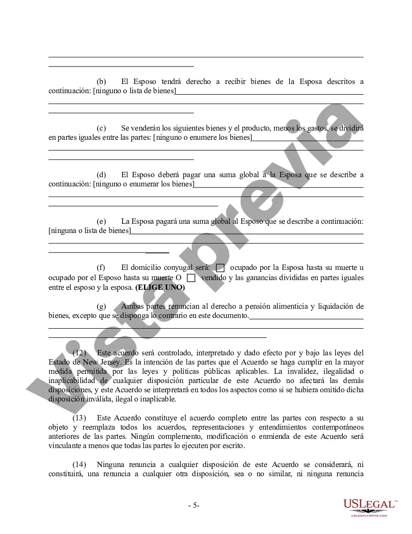 Preview Acuerdo prematrimonial prenupcial de Nueva Jersey sin estados financieros