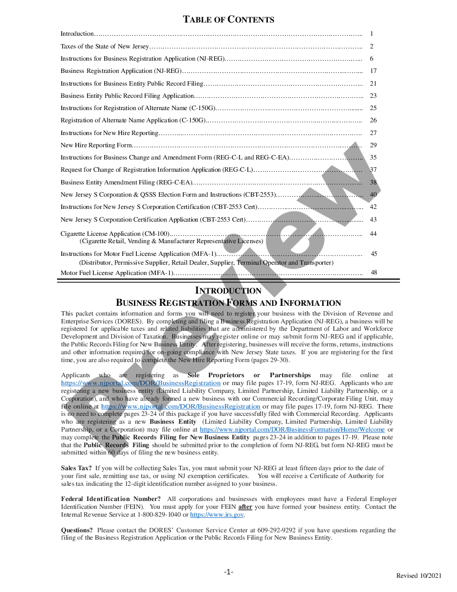 page 0 New Jersey Business Registration Package all types preview