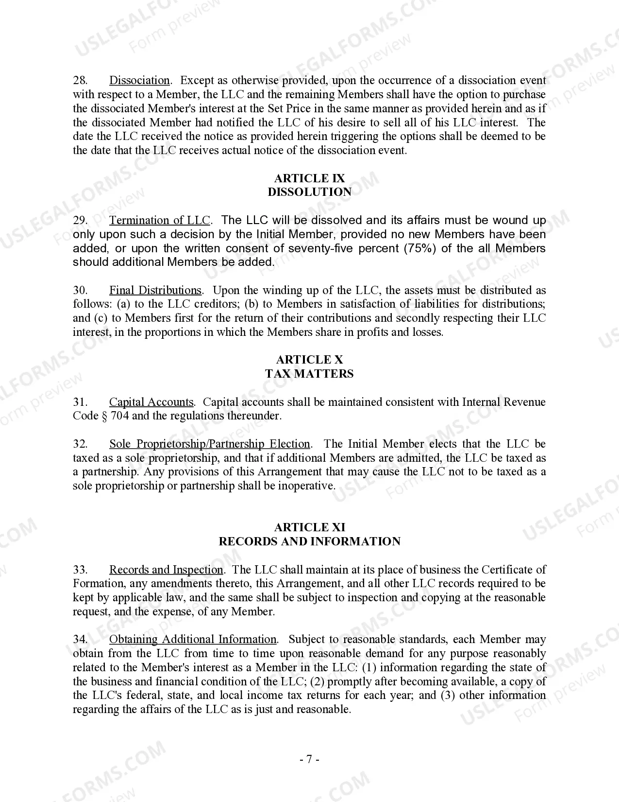 Preview Single Member Limited Liability Company LLC Operating Agreement