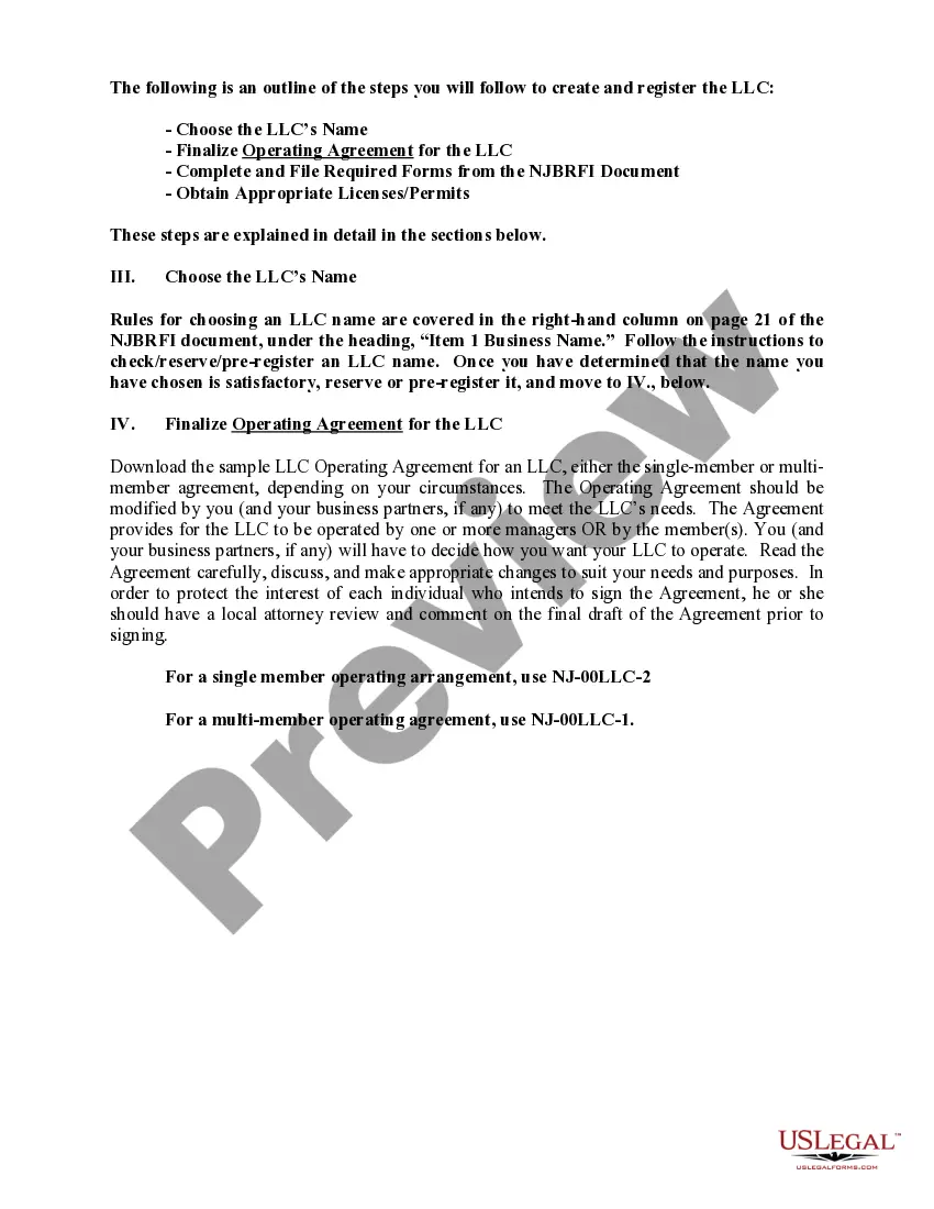 Preview New Jersey Limited Liability Company LLC Formation Package