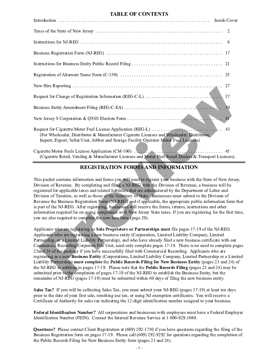 page 1 New Jersey Business Registration Package for Sole Proprietorship preview