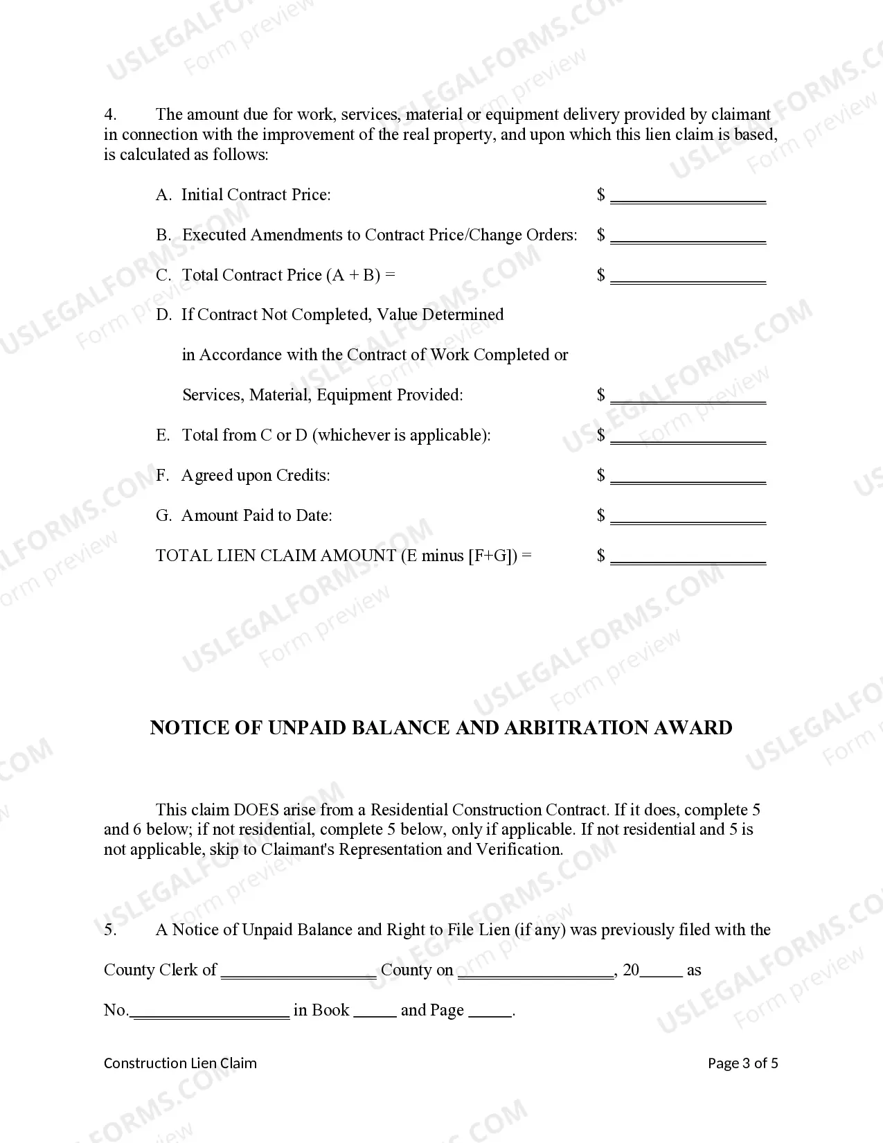 Preview Construction Lien Claim - Mechanic Liens - Individual