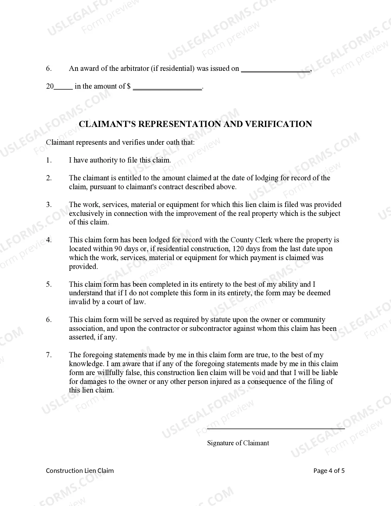 Preview Construction Lien Claim - Mechanic Liens - Individual