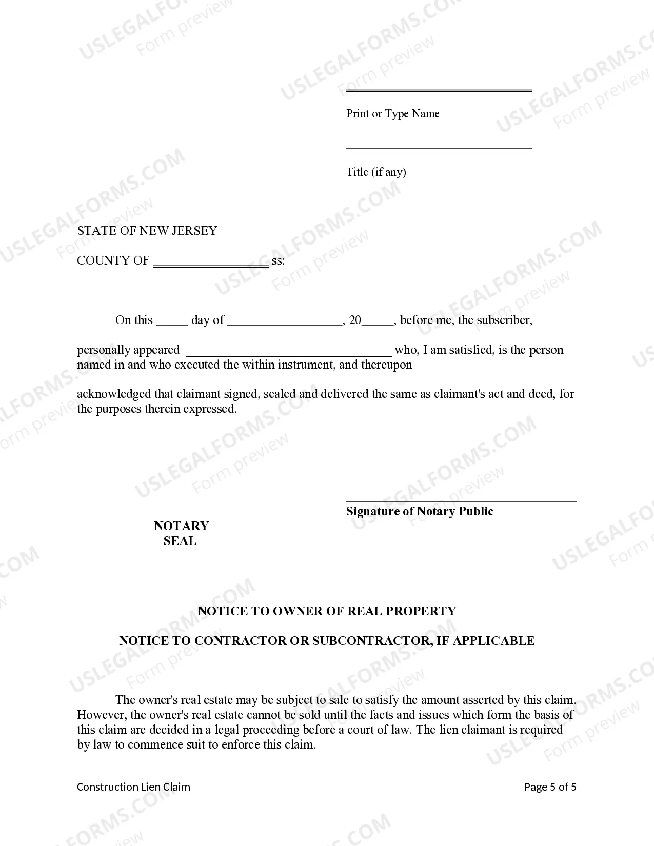 Preview Construction Lien Claim - Mechanic Liens - Individual