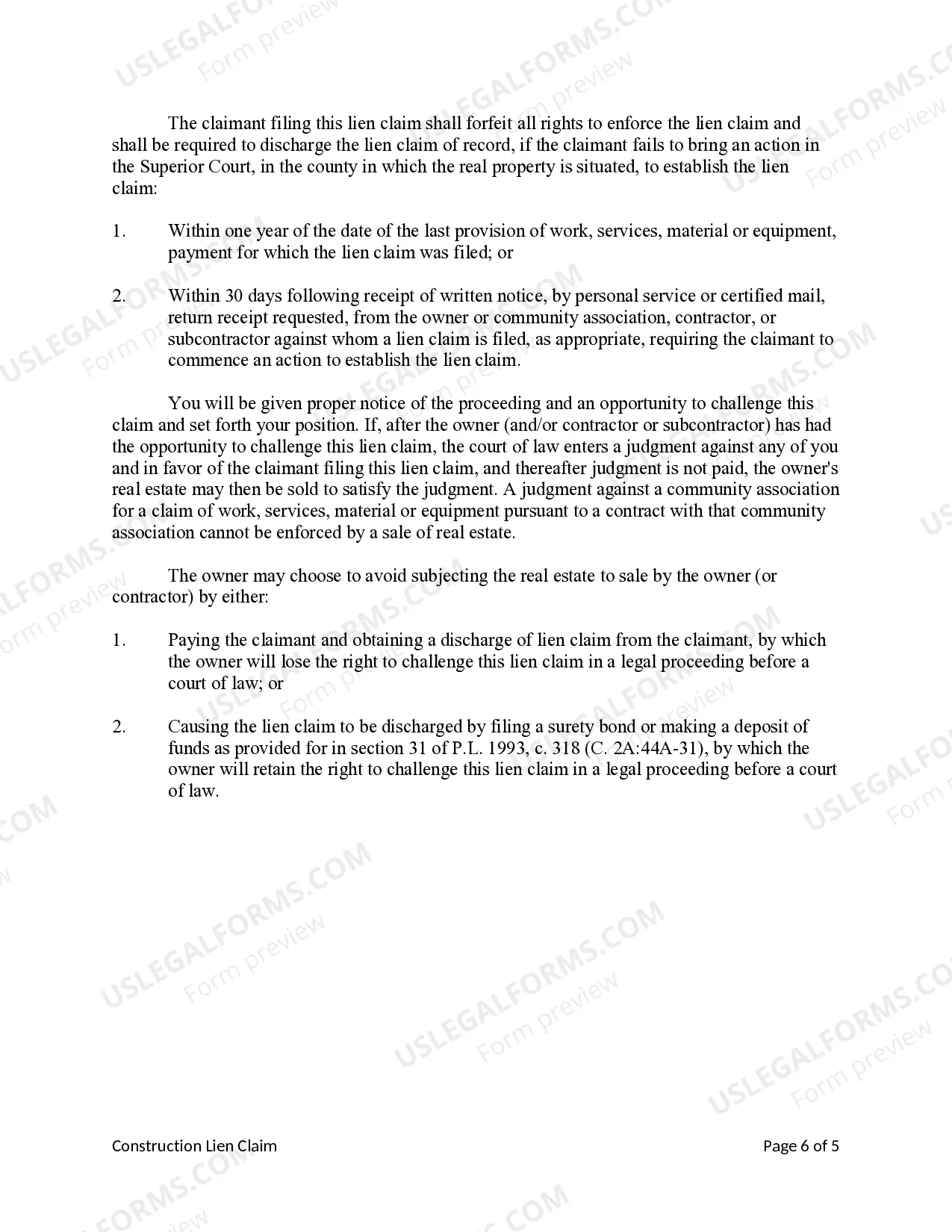 Preview Construction Lien Claim - Mechanic Liens - Individual