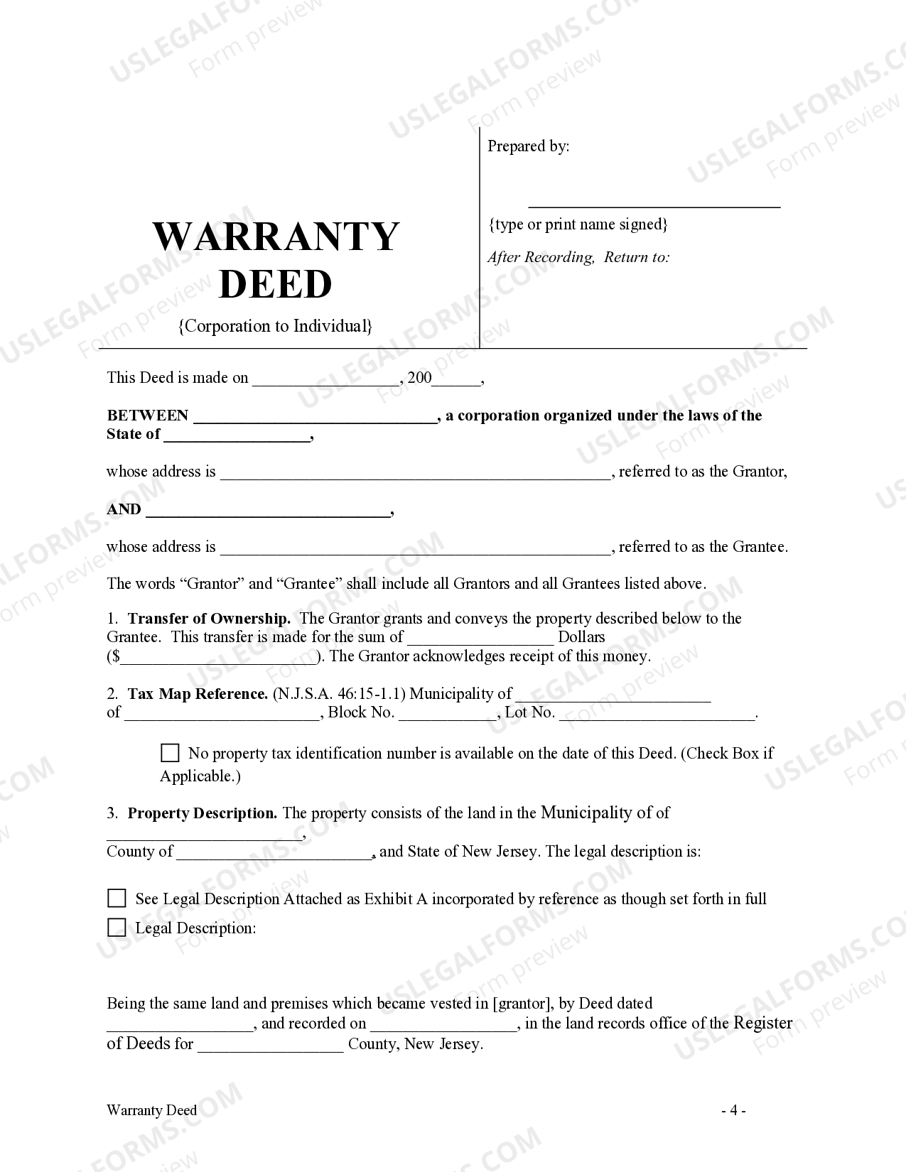 New Jersey Warranty Deed from Corporation to Individual US Legal Forms