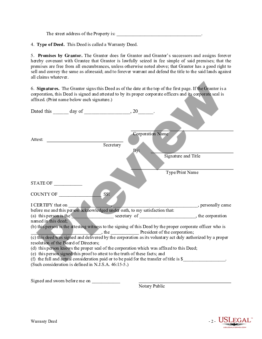 New Jersey Warranty Deed from Corporation to Individual | US Legal Forms