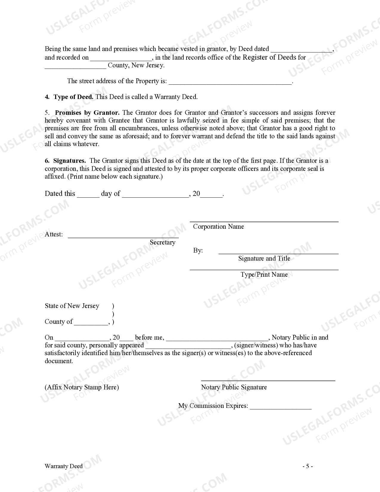 New Jersey Warranty Deed from Corporation to Corporation New Jersey Corporation US Legal Forms