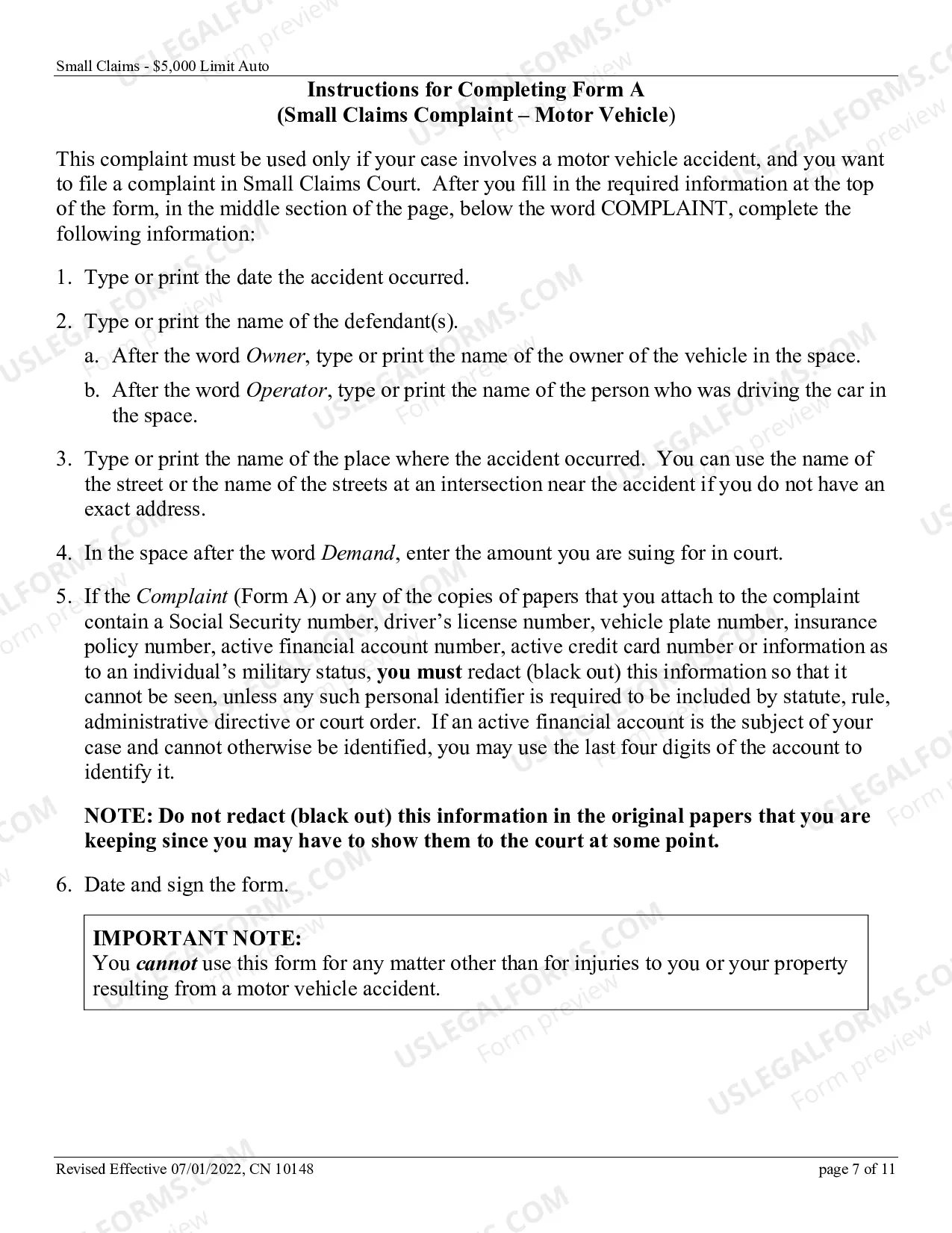 Preview Small Claims Complaint - Motor Vehicle