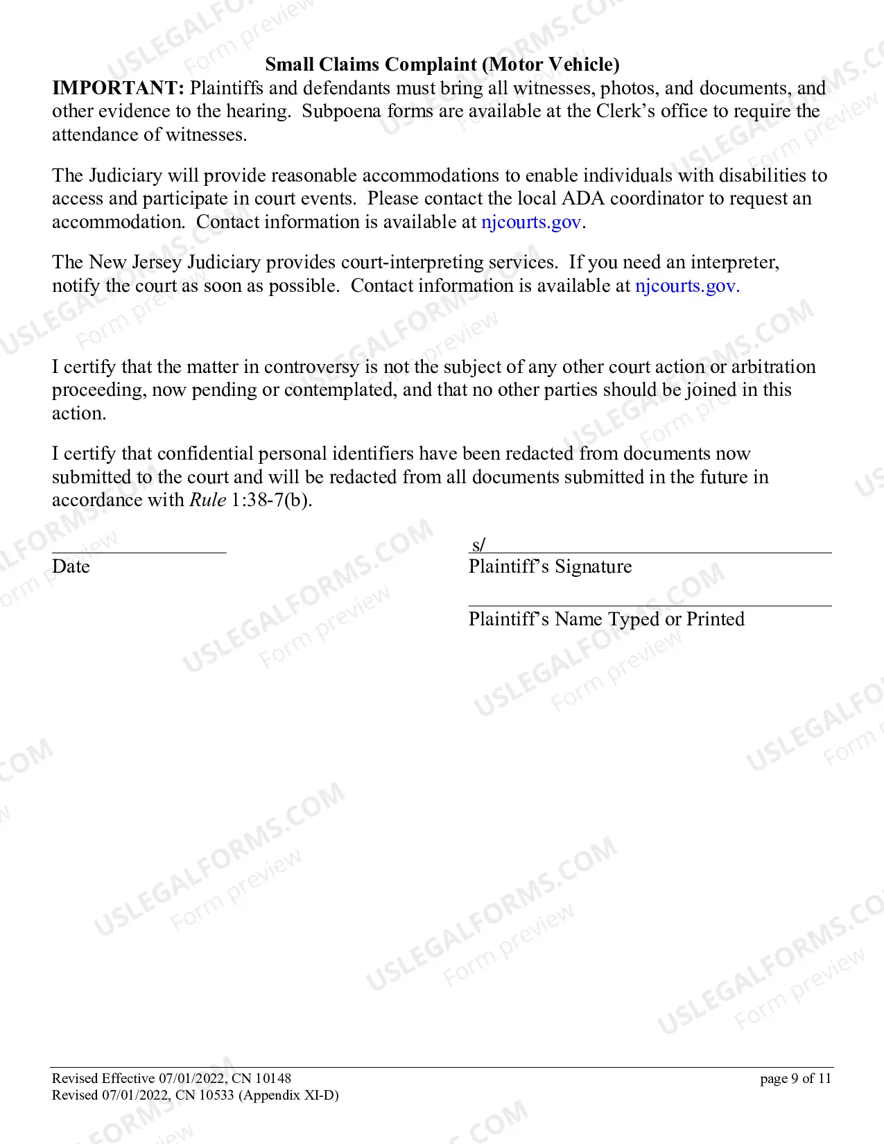 Preview Small Claims Complaint - Motor Vehicle