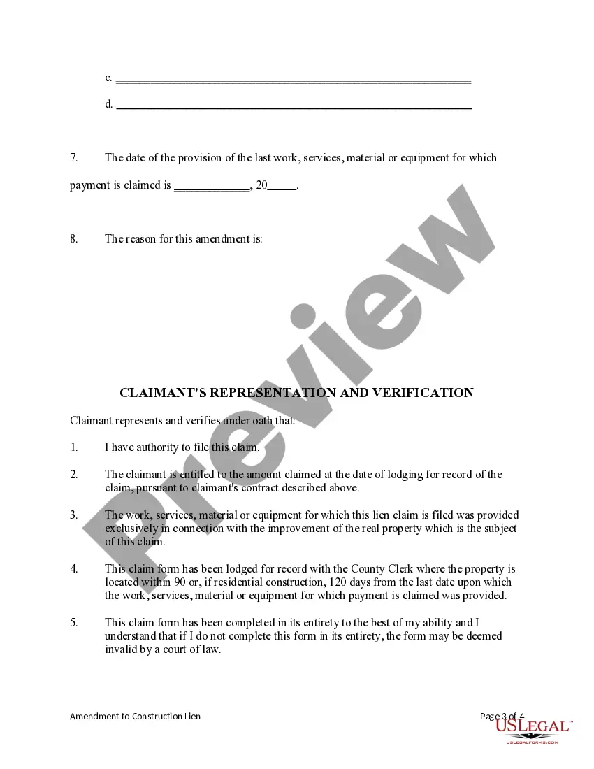 Preview Amendment to Construction Lien Claim - Mechanic Liens - Individual