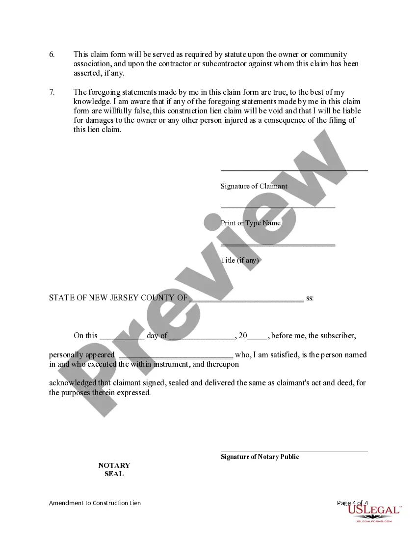 Preview Amendment to Construction Lien Claim - Mechanic Liens - Individual