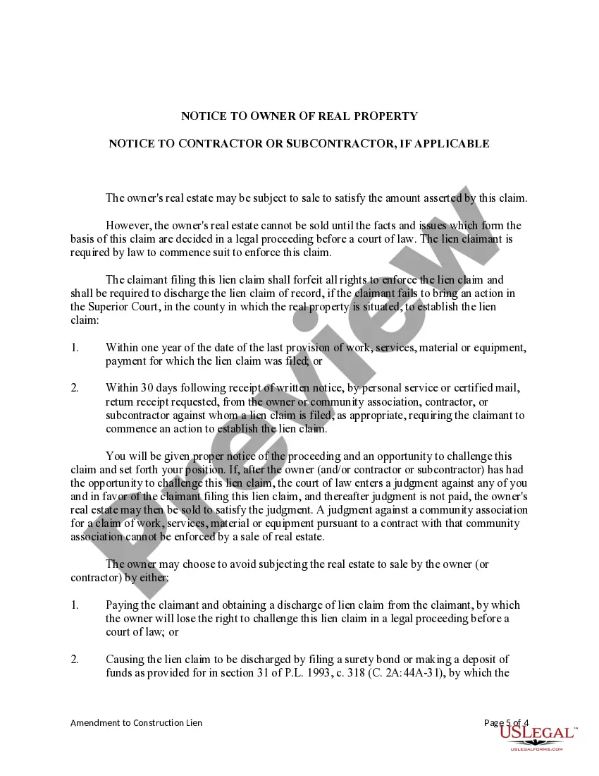 Preview Amendment to Construction Lien Claim - Mechanic Liens - Individual