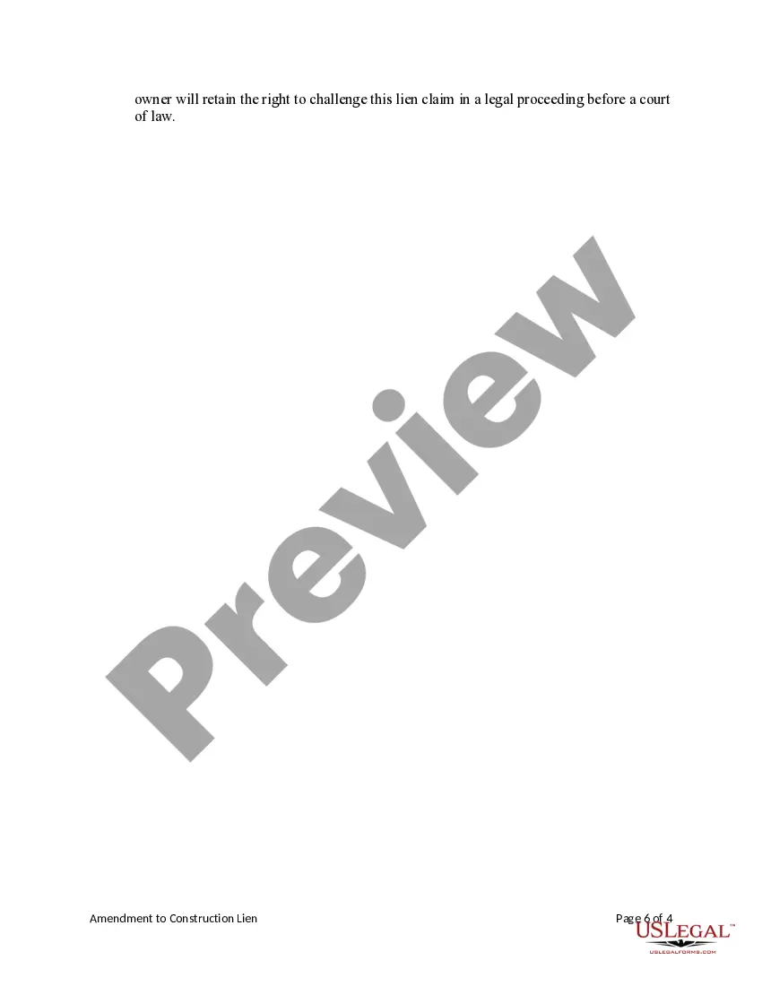 Preview Amendment to Construction Lien Claim - Mechanic Liens - Individual