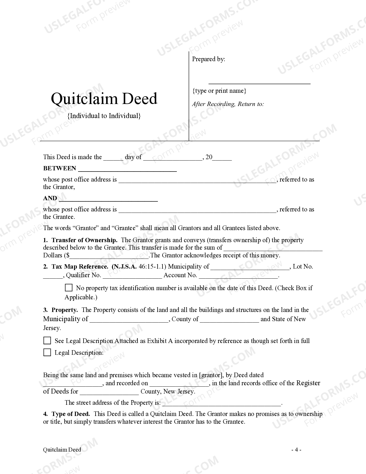 New Jersey Quitclaim Deed from Individual to Individual - New Jersey ...