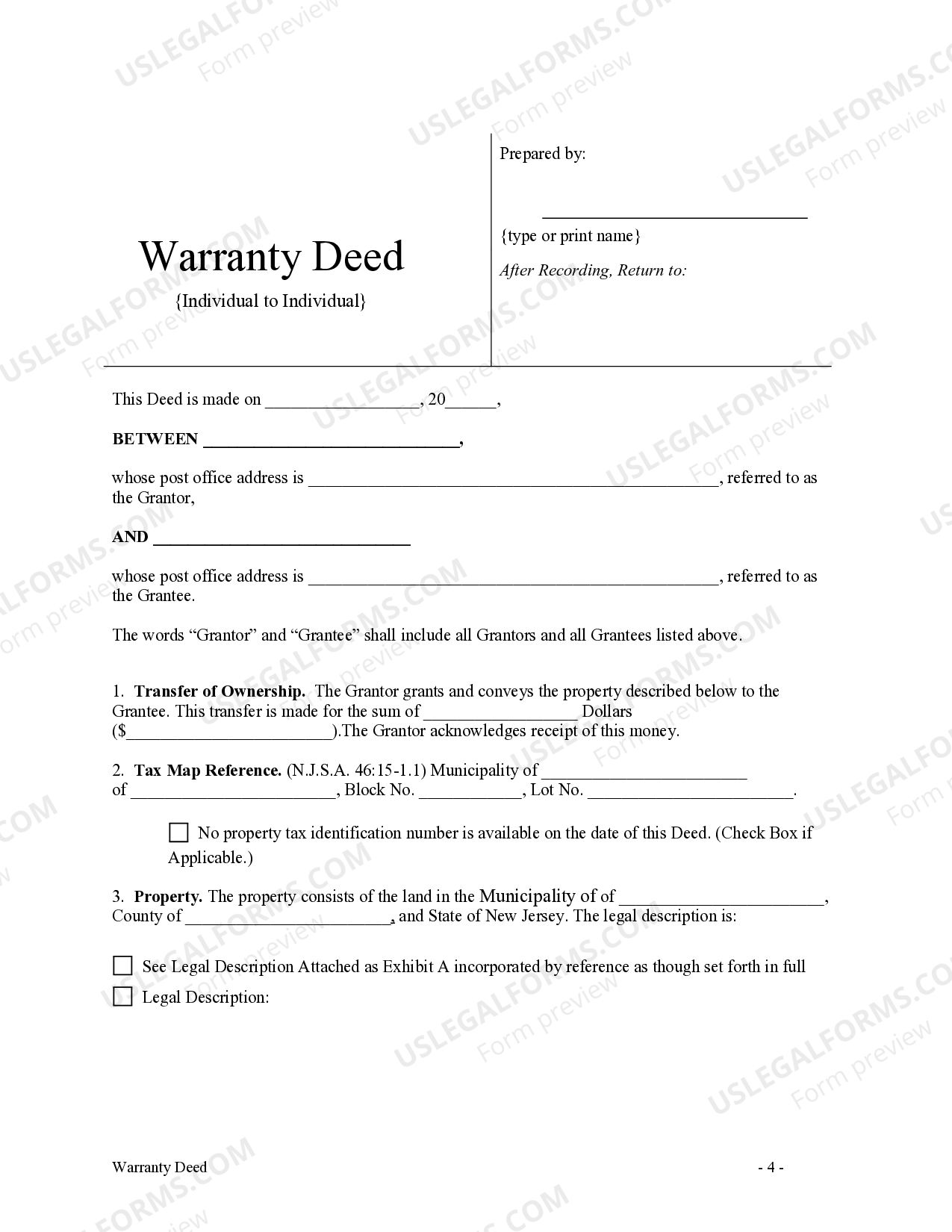New Jersey Warranty Deed from Individual to Individual US Legal Forms