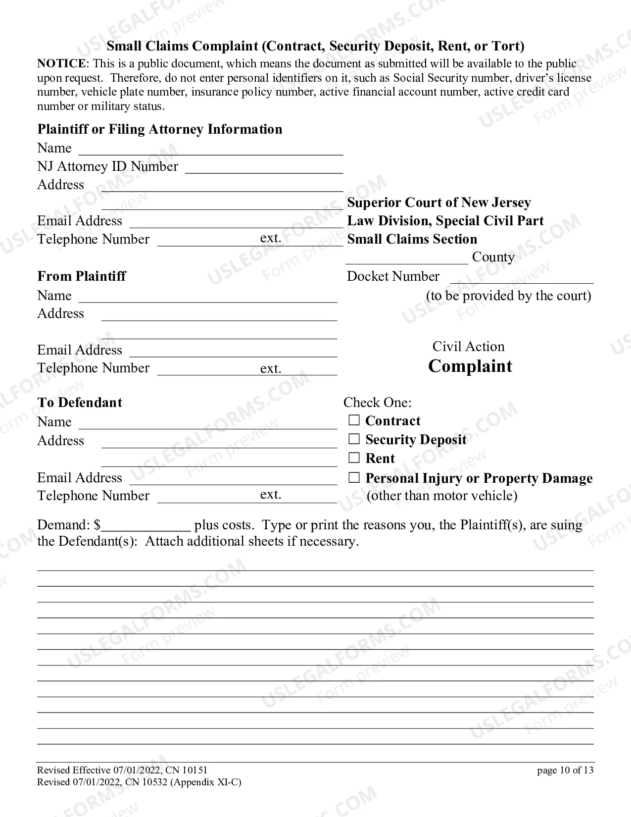 Preview Small Claims Complaint - Contract, Security Deposit, Rent, or Tort