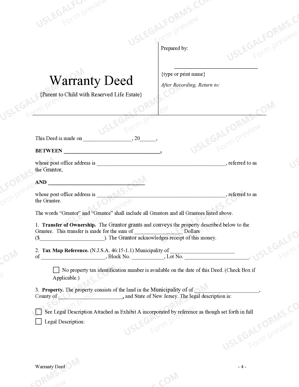 Preview Warranty Deed to Child Reserving a Life Estate in the Parents