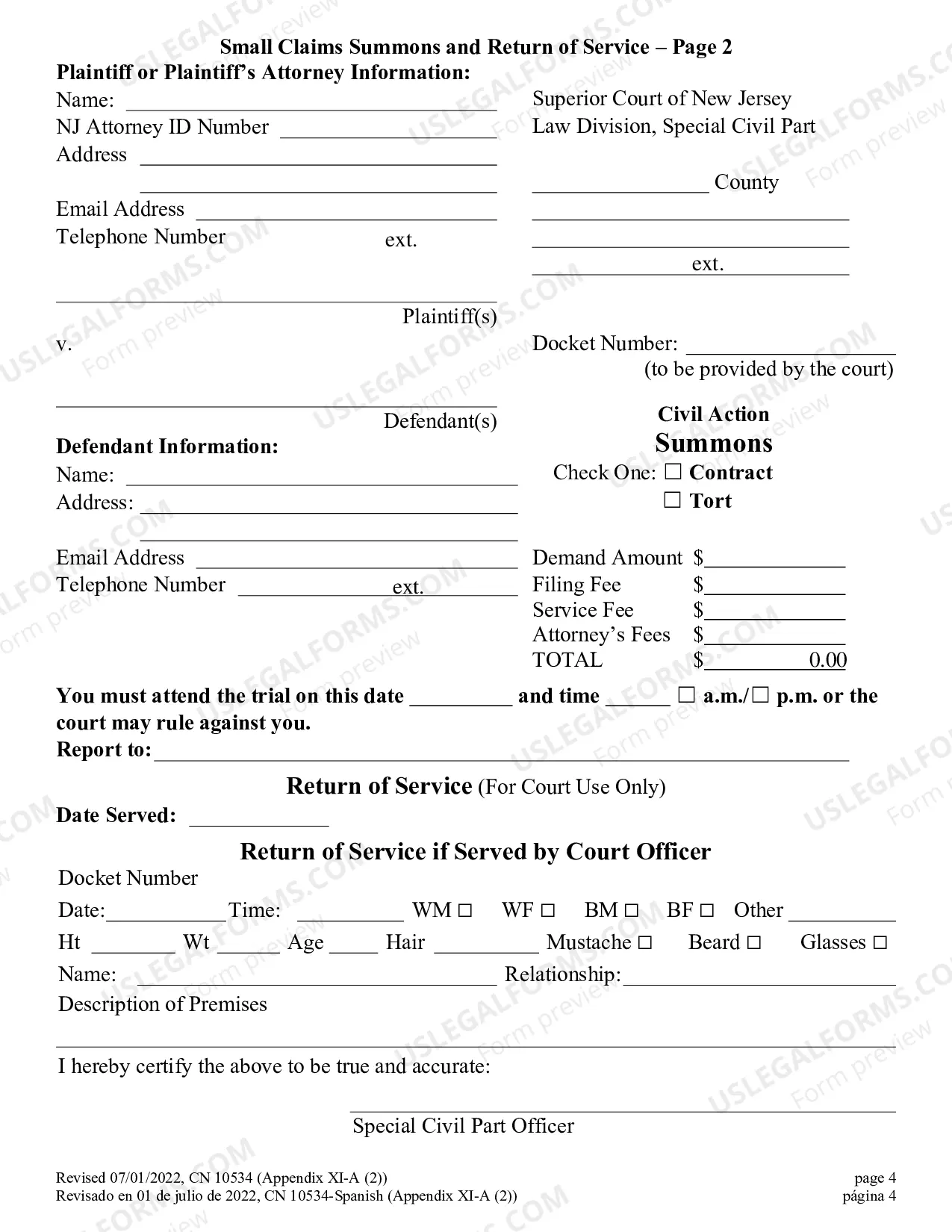 Preview Small Claims Summons and Return of Service