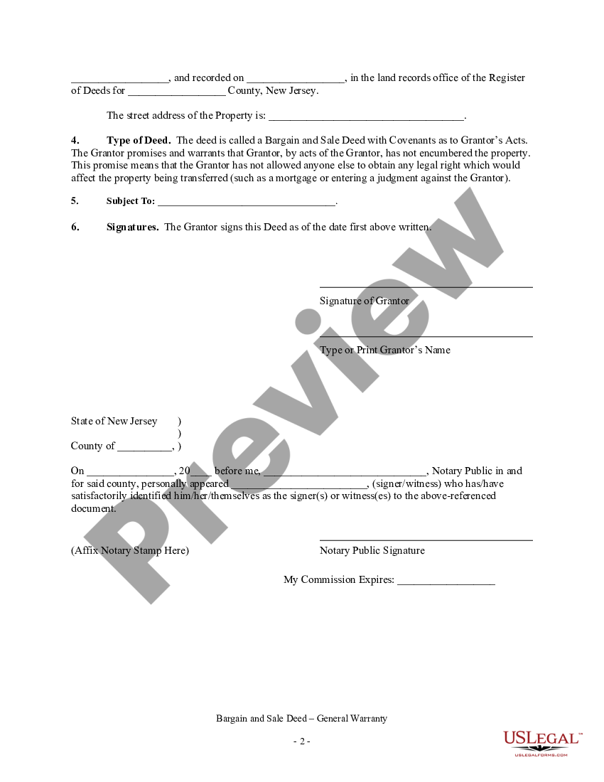 New Jersey Bargain And Sale Deed With Covenant As To Grantors Acts Bargain And Sale Deed With 5234