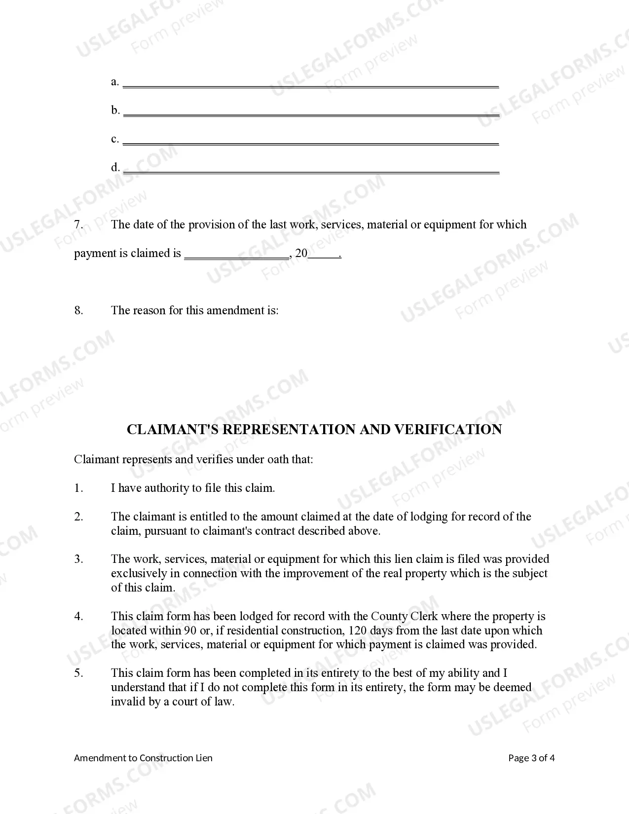 Preview Amendment to Construction Lien Claim - Mechanic Liens - Business Entity