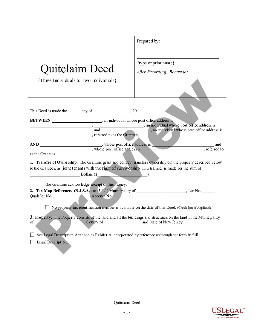 New Jersey Quitclaim Deed From Three Individuals To Two Individuals Us Legal Forms 