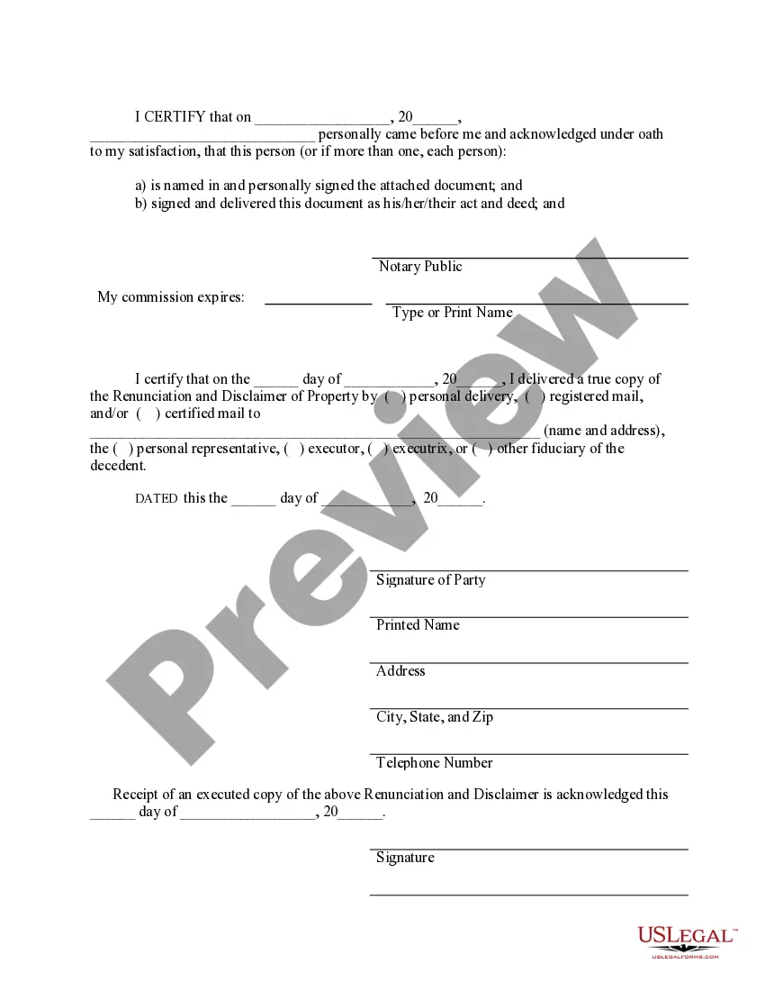 Preview Renunciation And Disclaimer of Property received by Intestate Succession