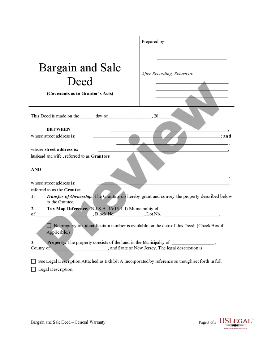Preview Bargain and Sale Deed with Covenant as to Grantors's Acts - Two Individuals to One Individual.