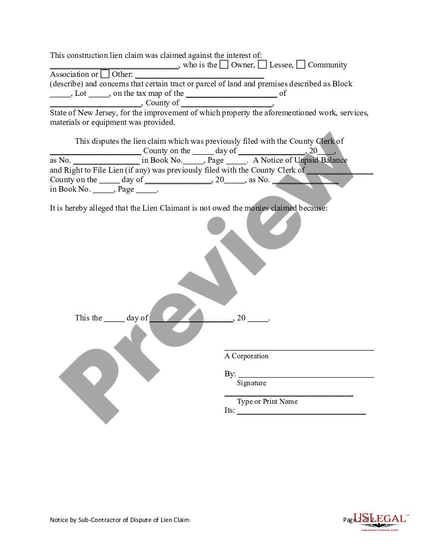 New Jersey Notice by Subcontractor of Dispute of Lien Claim - Mechanic ...