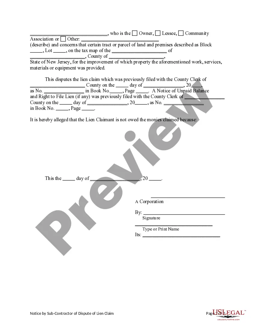 Preview Notice by Subcontractor of Dispute of Lien Claim - Mechanic Liens - Business Entity