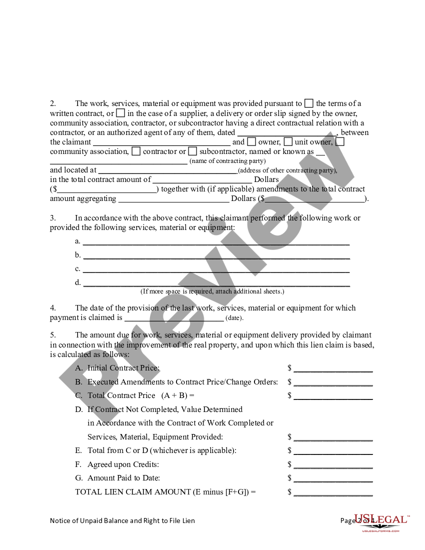 Notice Of Unpaid Balance And Right To File Lien Withdrawal US Legal Forms