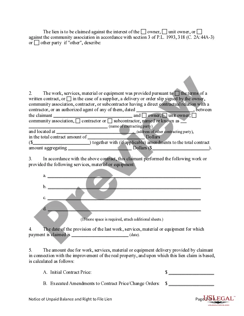Preview Notice of Unpaid Balance and Right to File Lien - Mechanic Liens - Individual