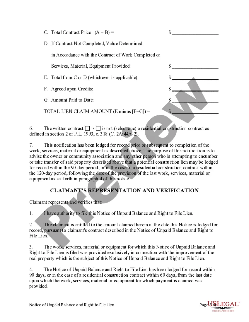 Preview Notice of Unpaid Balance and Right to File Lien - Mechanic Liens - Individual
