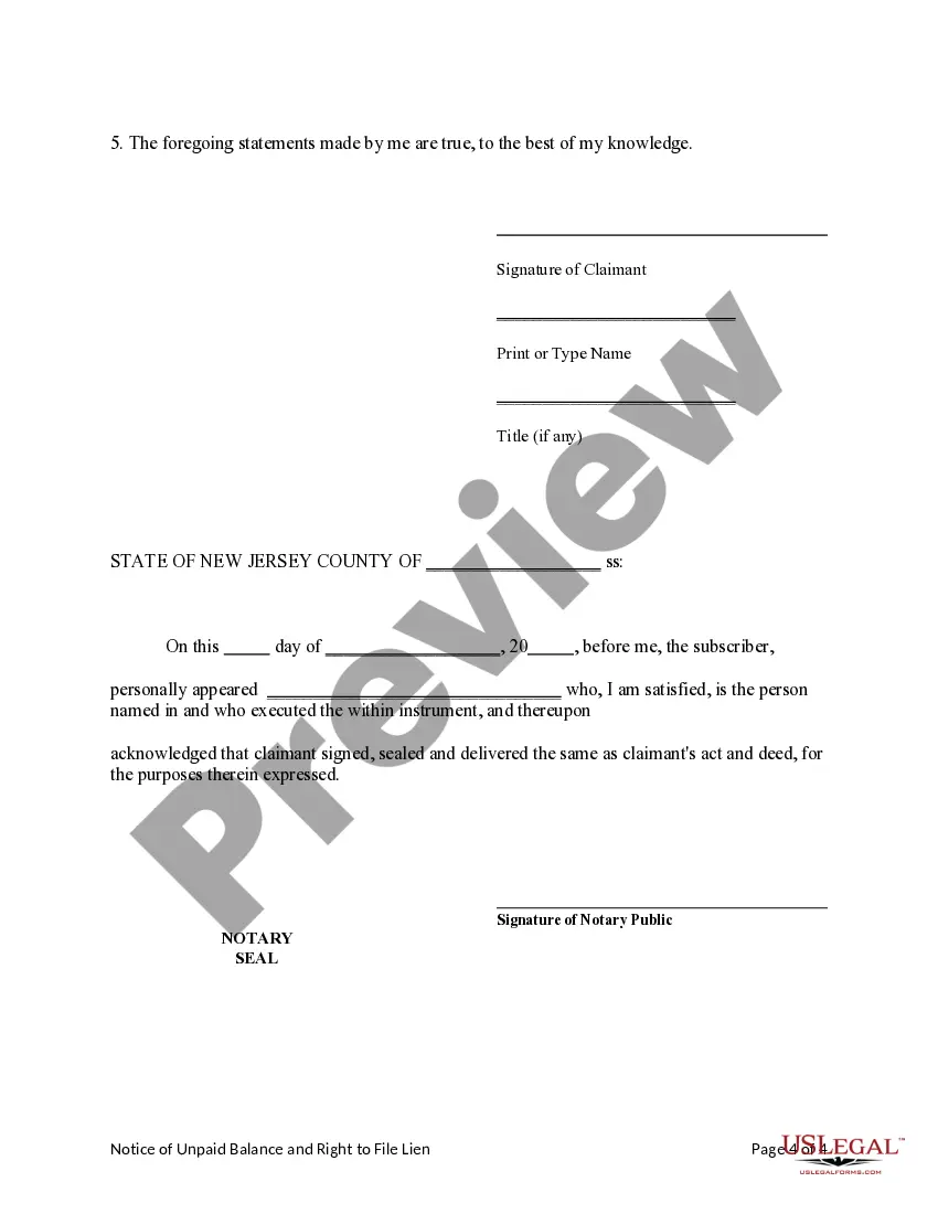 Preview Notice of Unpaid Balance and Right to File Lien - Mechanic Liens - Individual