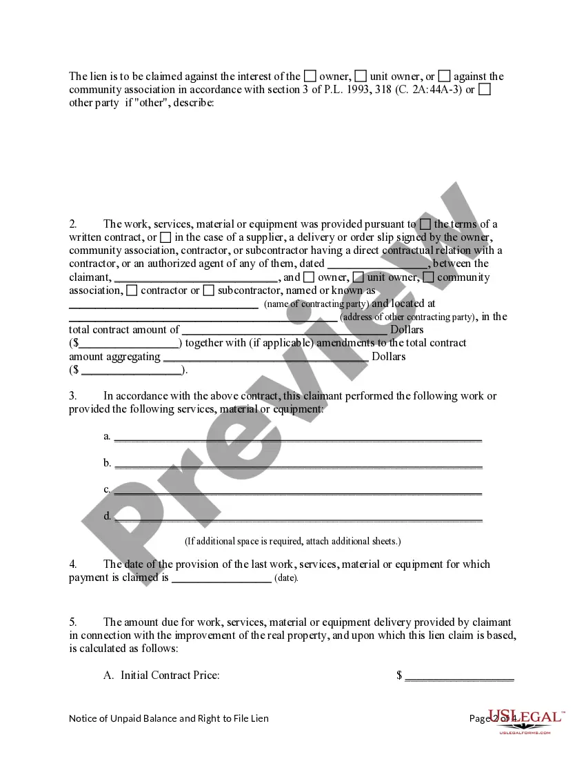 Preview Notice of Unpaid Balance and Right to File Lien - Mechanic Liens - Corporation