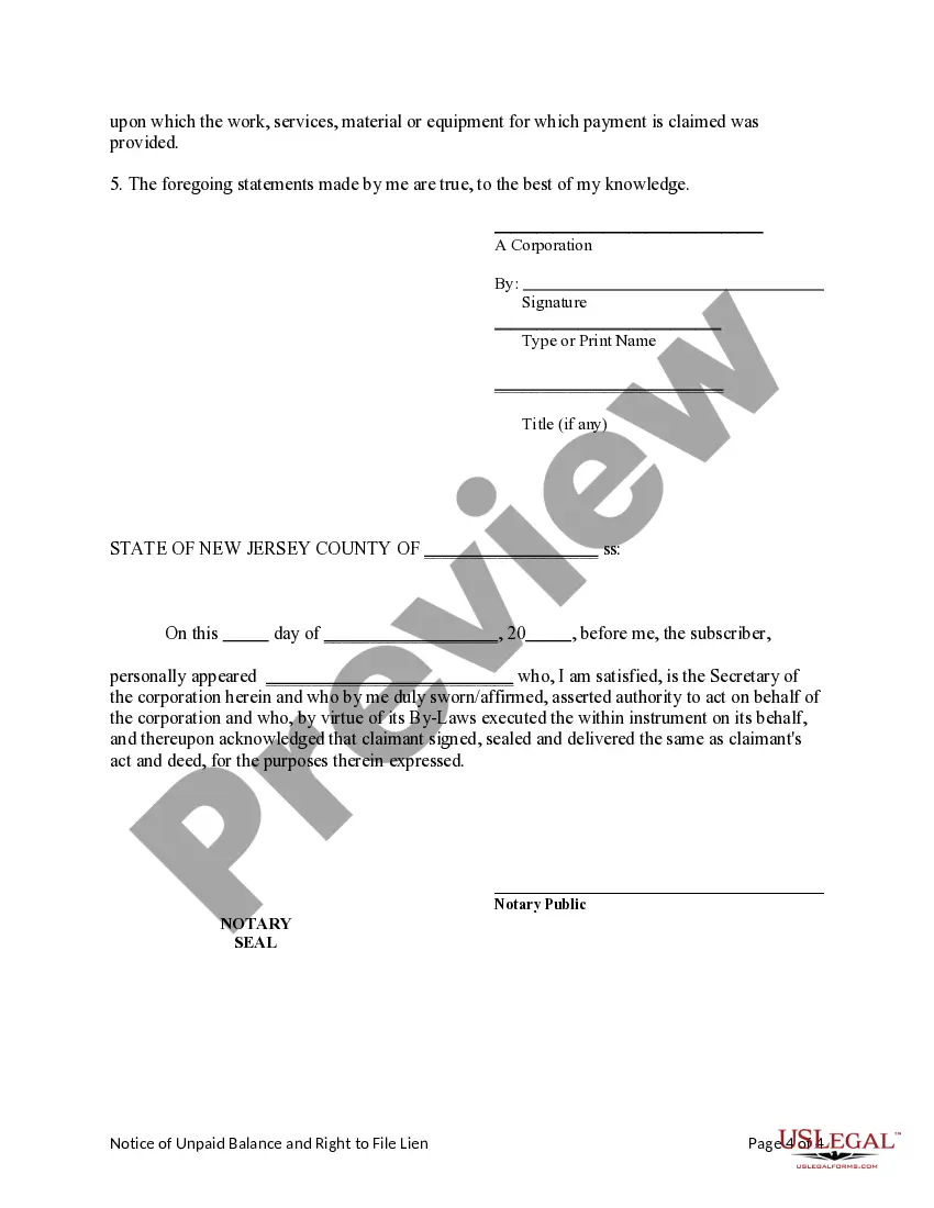 Preview Notice of Unpaid Balance and Right to File Lien - Mechanic Liens - Corporation
