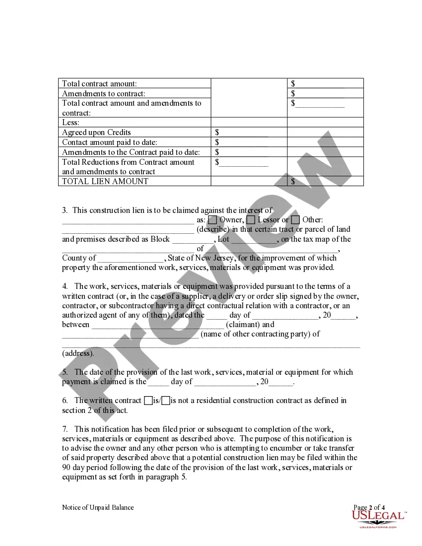 Preview Notice of Unpaid Balance and Right to File Lien - Residential - Mechanic Liens - Individual
