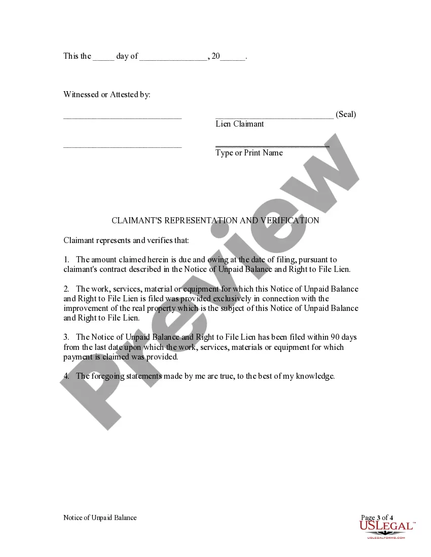 Preview Notice of Unpaid Balance and Right to File Lien - Residential - Mechanic Liens - Individual