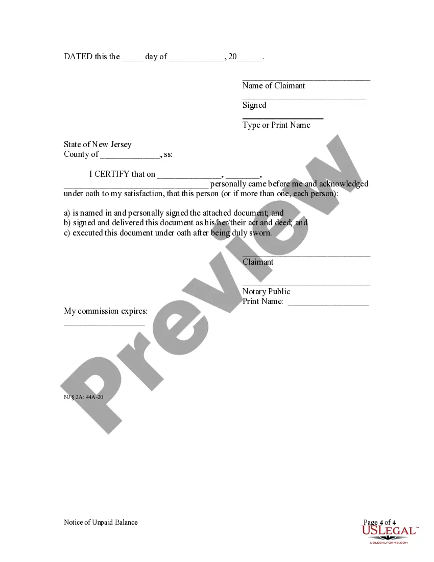 Preview Notice of Unpaid Balance and Right to File Lien - Residential - Mechanic Liens - Individual