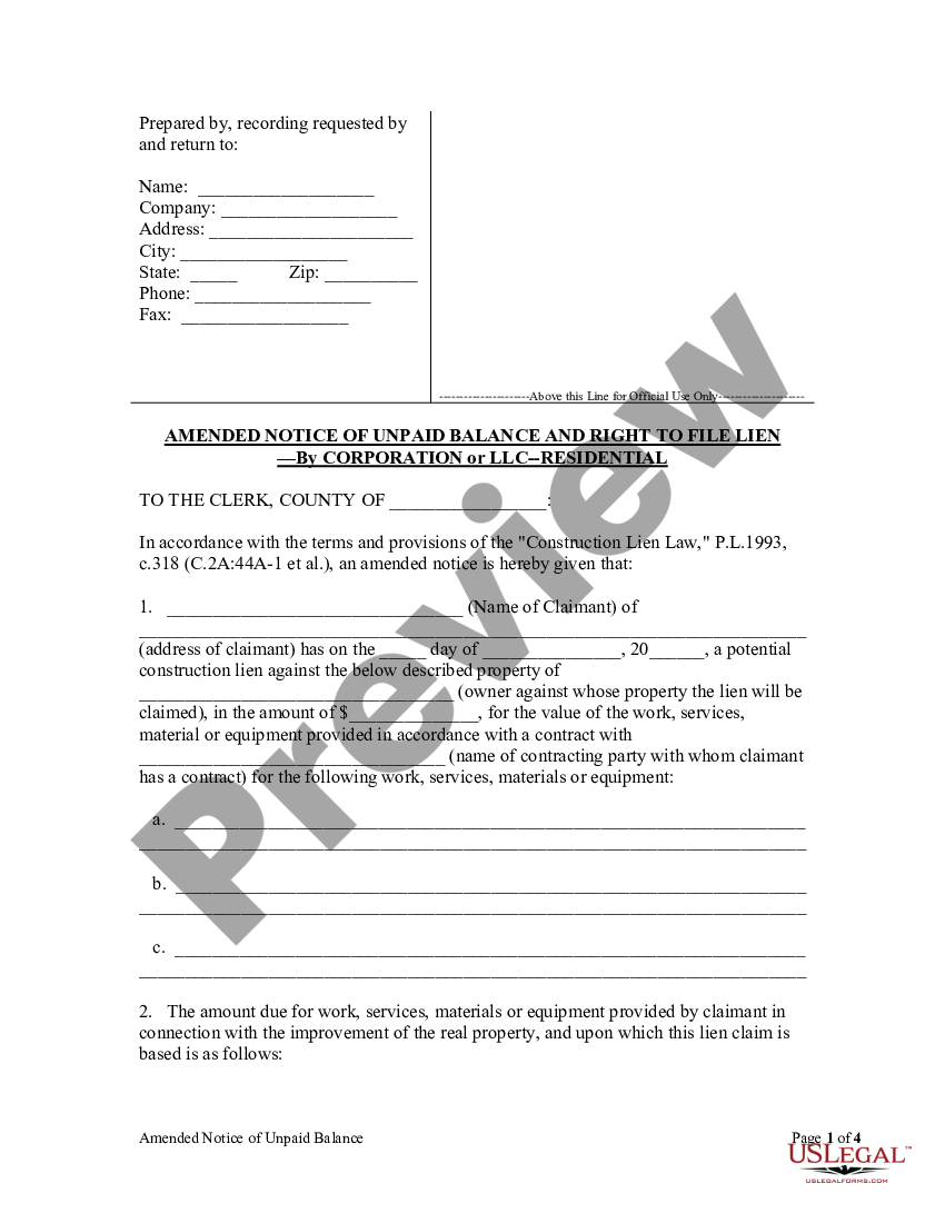 New Jersey Amended Notice of Unpaid Balance and Right to File Lien ...