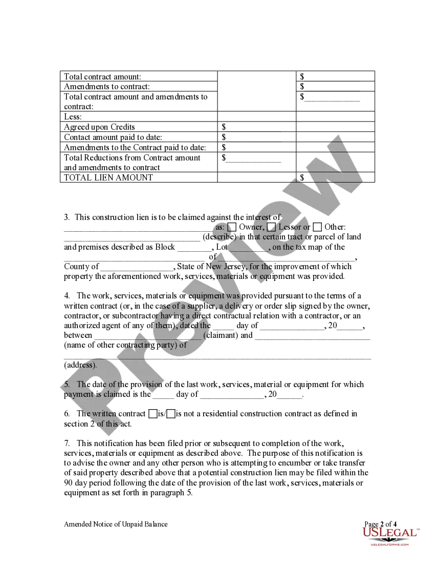 Preview Amended Notice of Unpaid Balance and Right to File Lien - Residential - Mechanic Liens - Corporation