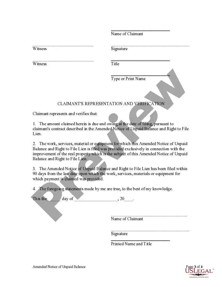 Preview Amended Notice of Unpaid Balance and Right to File Lien - Residential - Mechanic Liens - Corporation