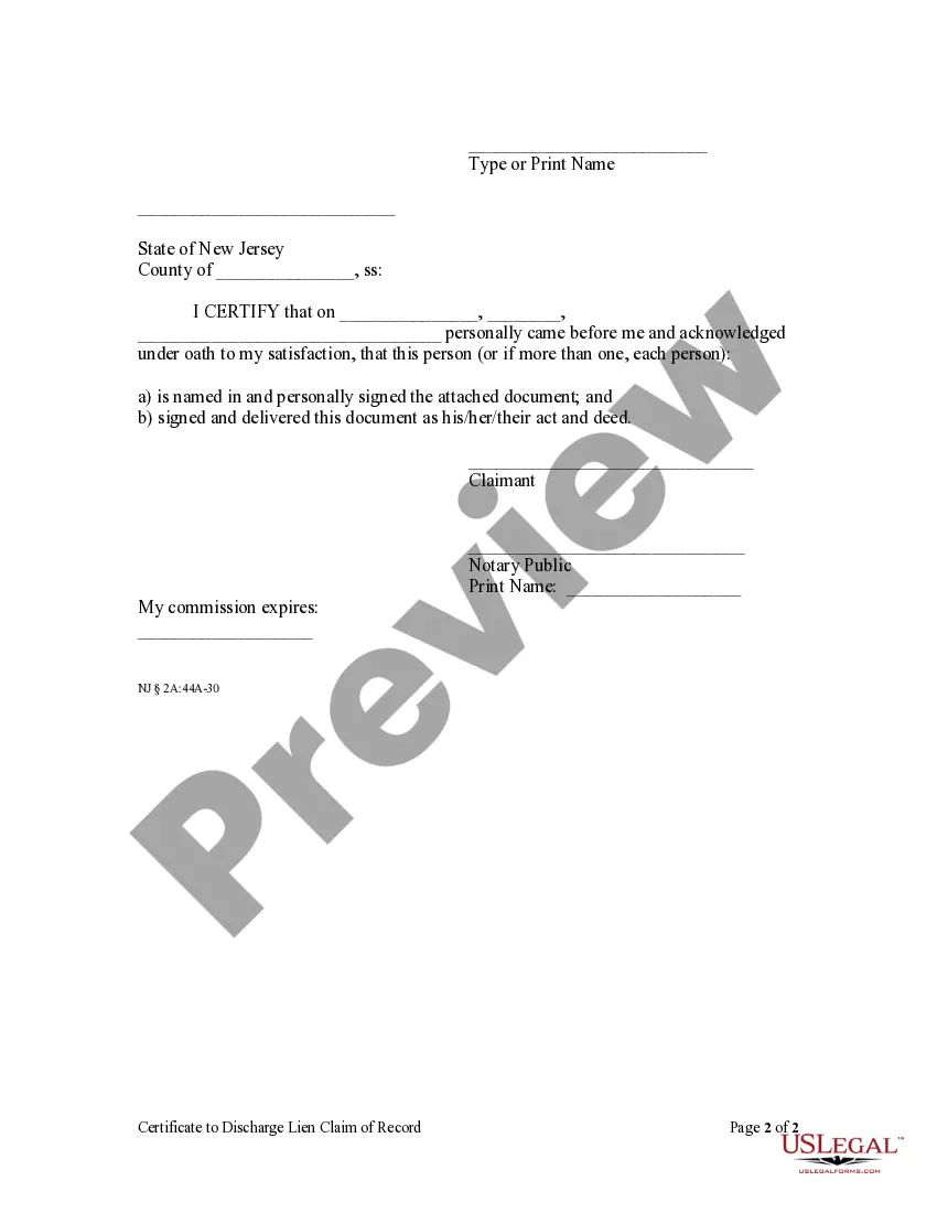 Preview Certificate to Discharge Lien Claim of Record - Mechanic Liens for Individual