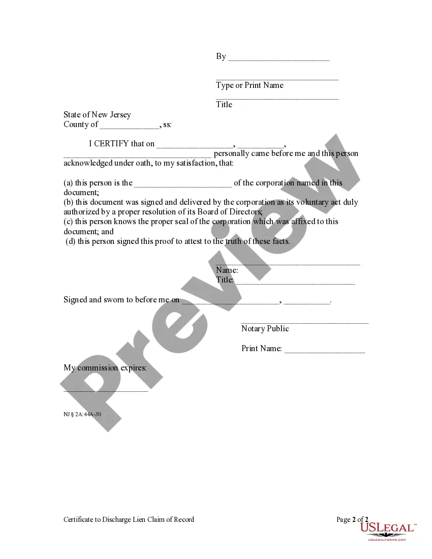 Preview Certificate to Discharge Lien Claim of Record - Mechanic Liens for Corporation