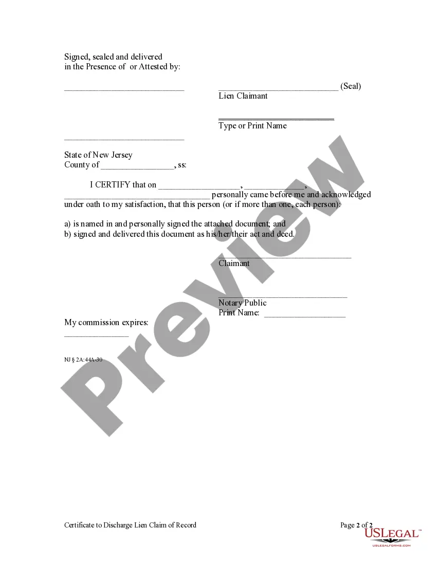 Preview Certificate to Discharge Lien Claim of Record - Mechanic Liens for Individual - Residential
