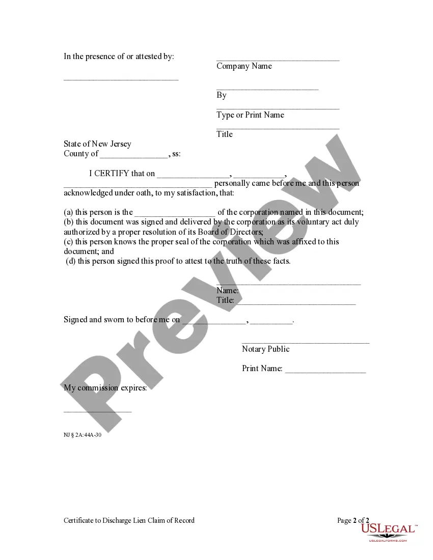 Preview Certificate to Discharge Lien Claim of Record - Mechanic Liens for Corporation - Residential