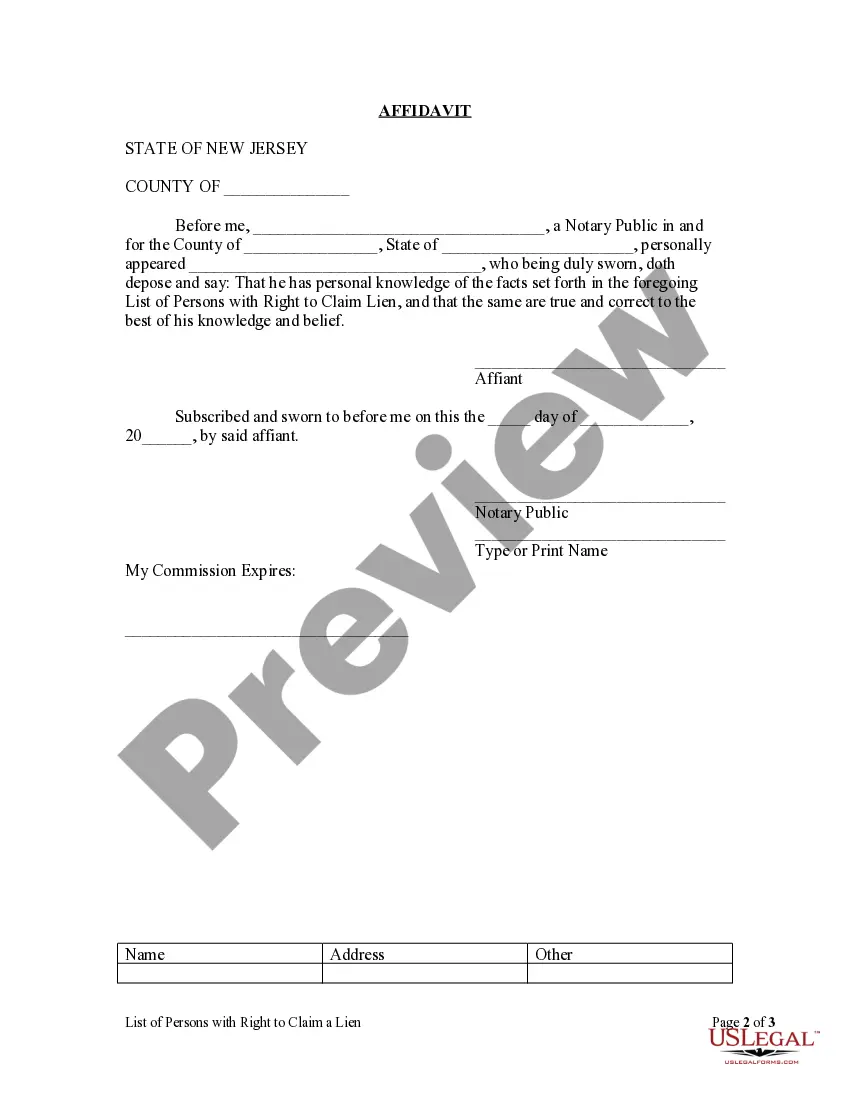 Preview New Jersey List of Persons with Right to Claim a Lien - Mechanic Liens - Corporation or LLC