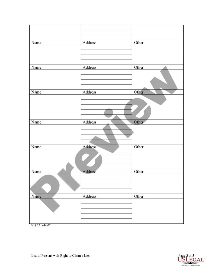 Preview New Jersey List of Persons with Right to Claim a Lien - Mechanic Liens - Corporation or LLC