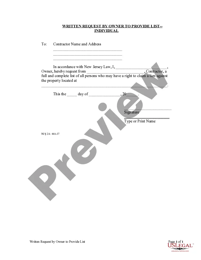 Preview Written Request by Owner to Provide List - Mechanic Liens - Individual