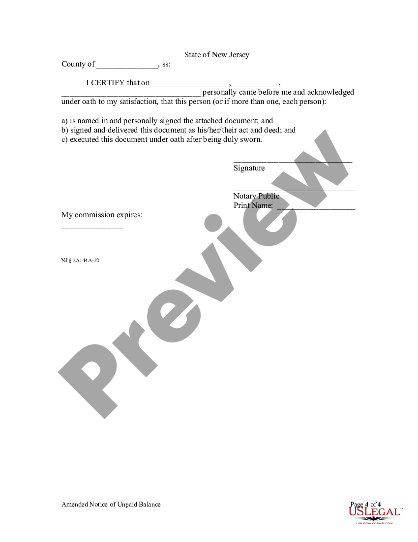 Newark New Jersey Amended Notice Of Unpaid Balance And Right To File Lien Individual Us 3179